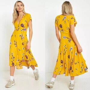 Free People Lost in You Yellow Floral High Low Button Front Midi Dress Size L